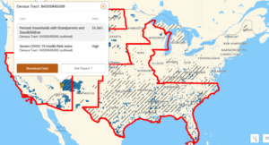Map of the United States showing areas areas where more than 10% of households are intergenerational and where severe COVID-19 risk is high or very high. 